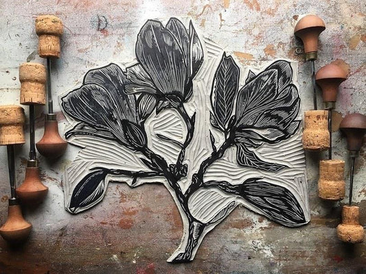 Magnolia Season Linocut Sticker