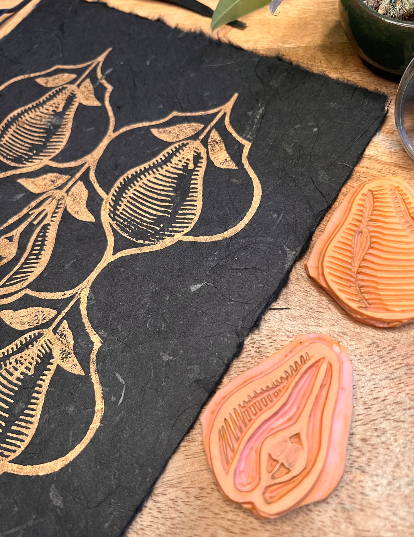 Pear Harvest in Gold on Banana Paper Linoprint