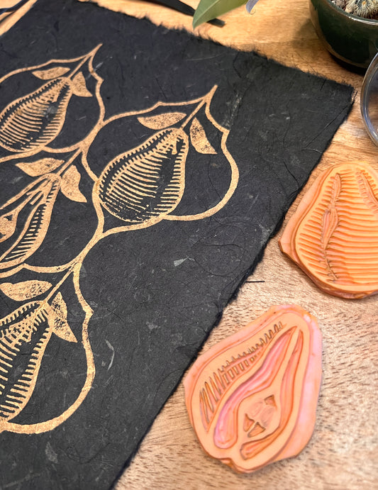 Pear Harvest in Gold on Banana Paper Linoprint