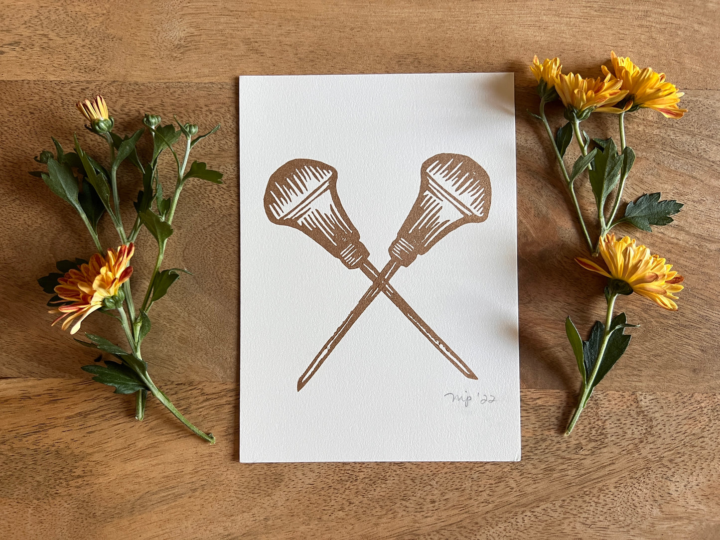 Crossed Carvers Linocut - Gold and White