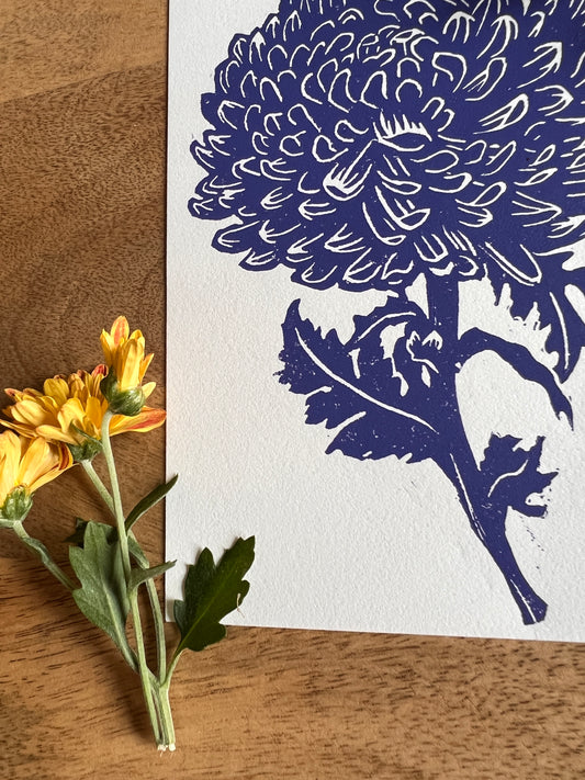 Chrysanthemum - November Birth Flower - Linocut Print