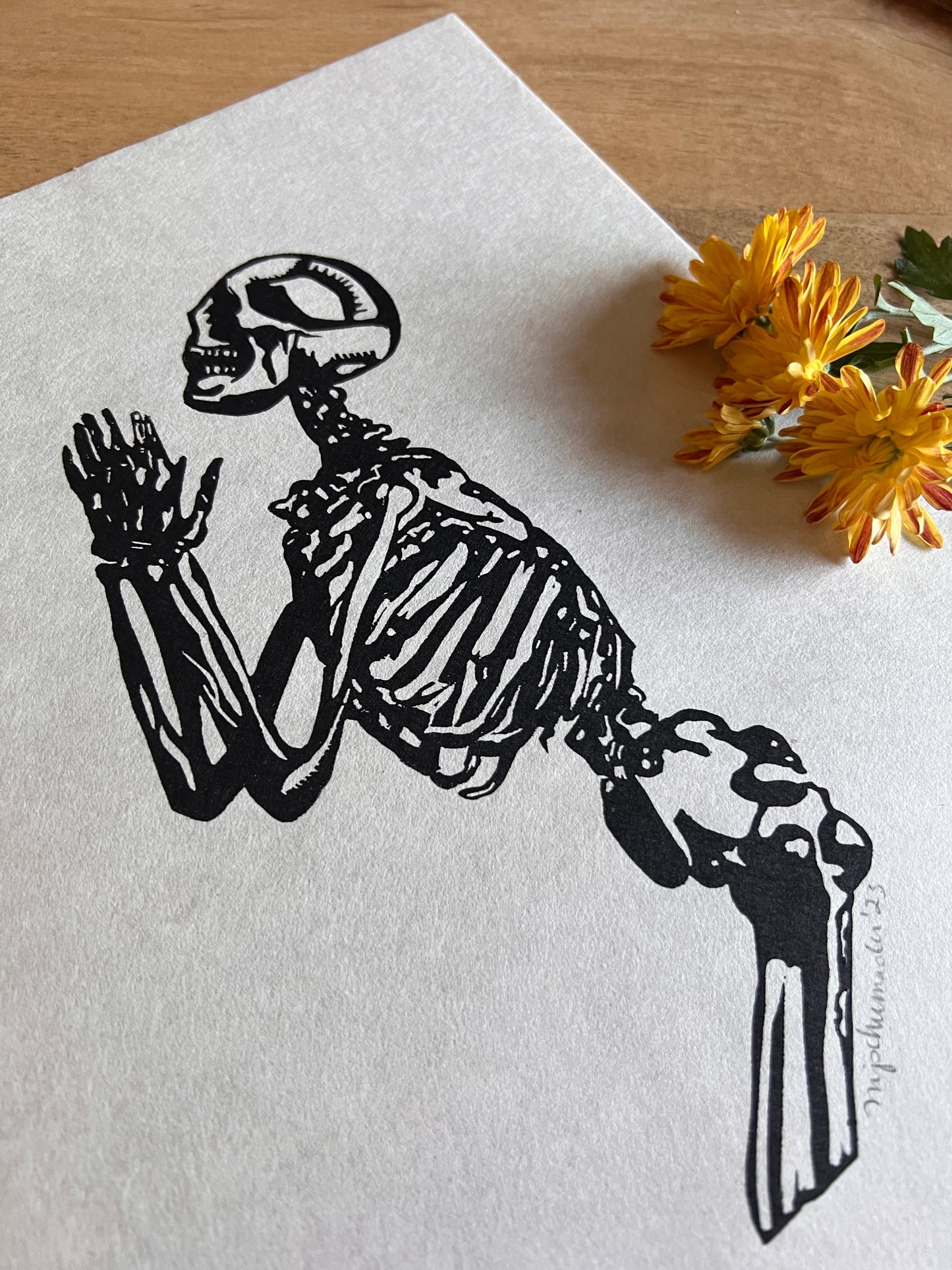 Skeleton in Prayer Linocut I