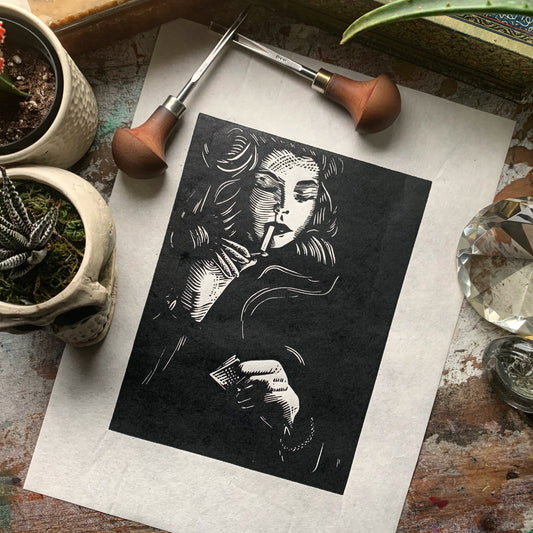 Lauren Bacall “Let it Burn” Linocut