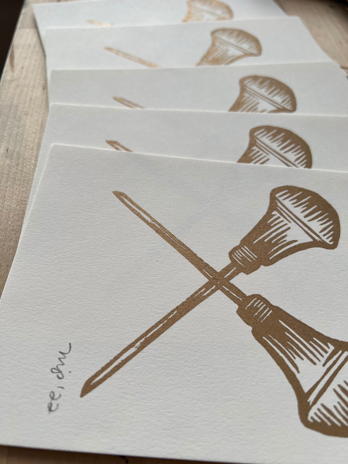 Crossed Carvers Linocut - Gold and White