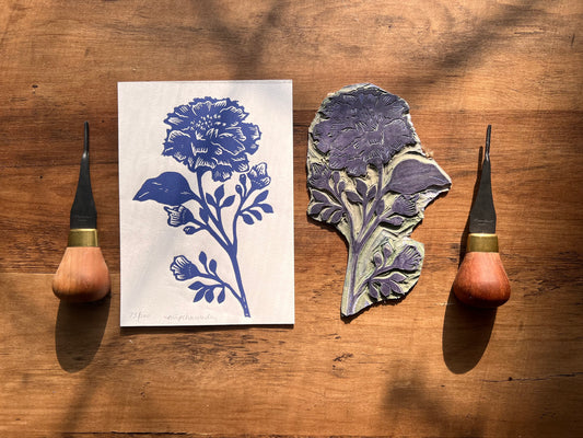 Marigold - October Birth Flower - Linocut Print