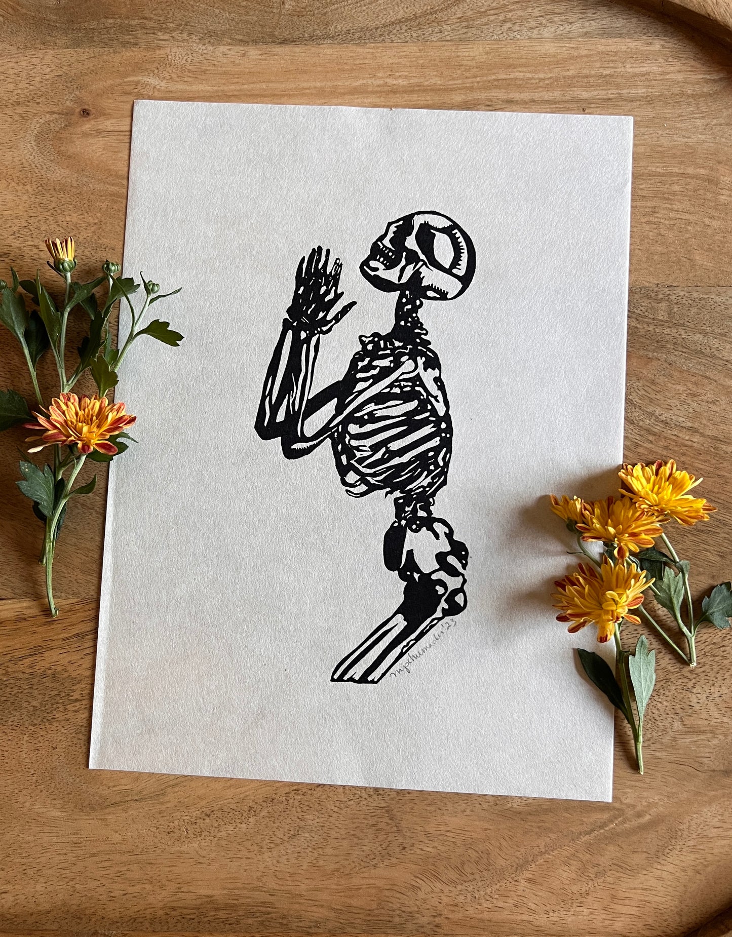 Skeleton in Prayer Linocut I