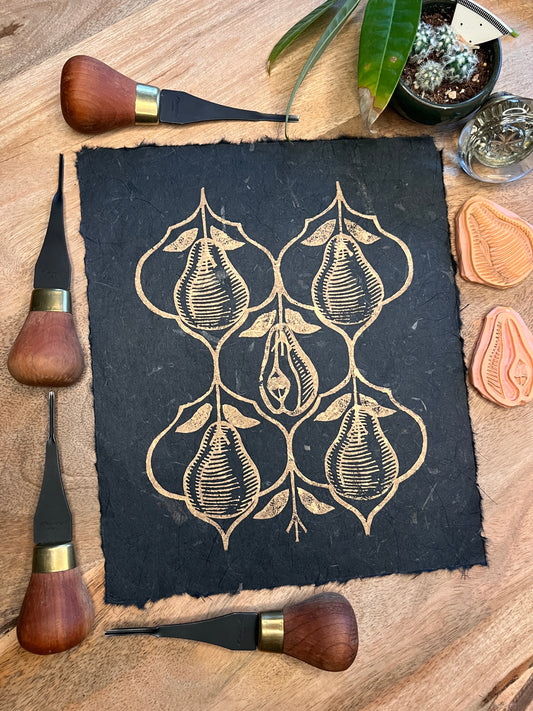 Pear Harvest in Gold on Banana Paper Linoprint