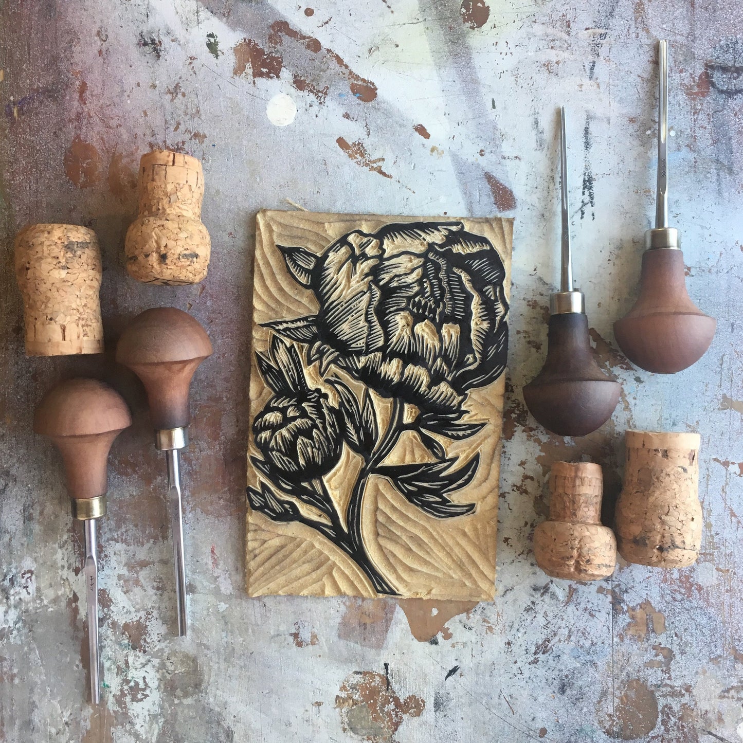 Peonies in Bloom Linocut