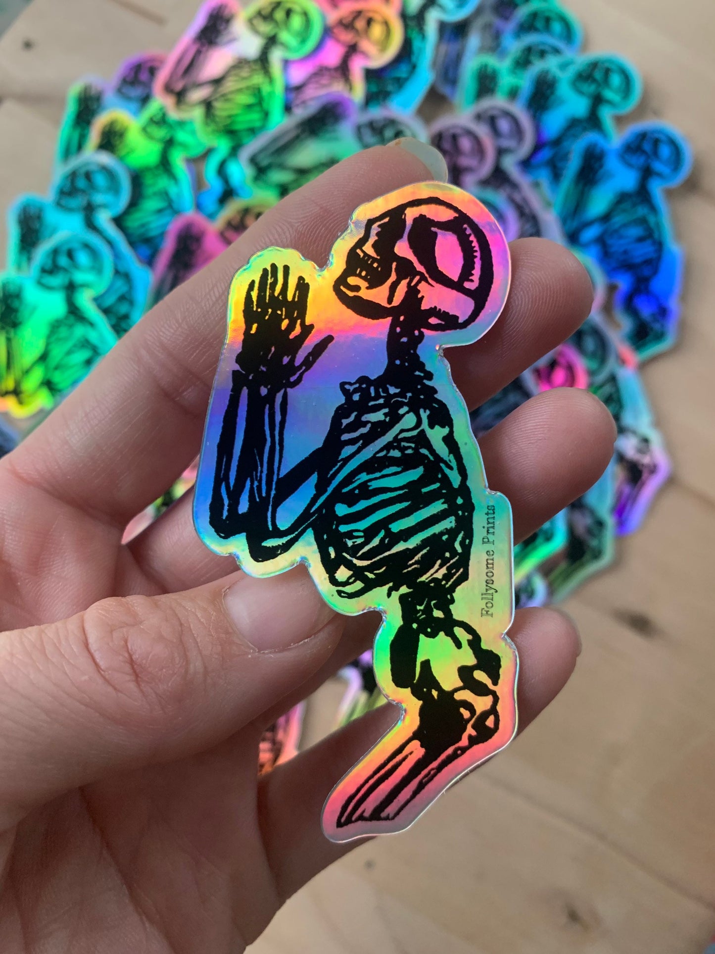 Skeleton in Prayer Holographic Sticker