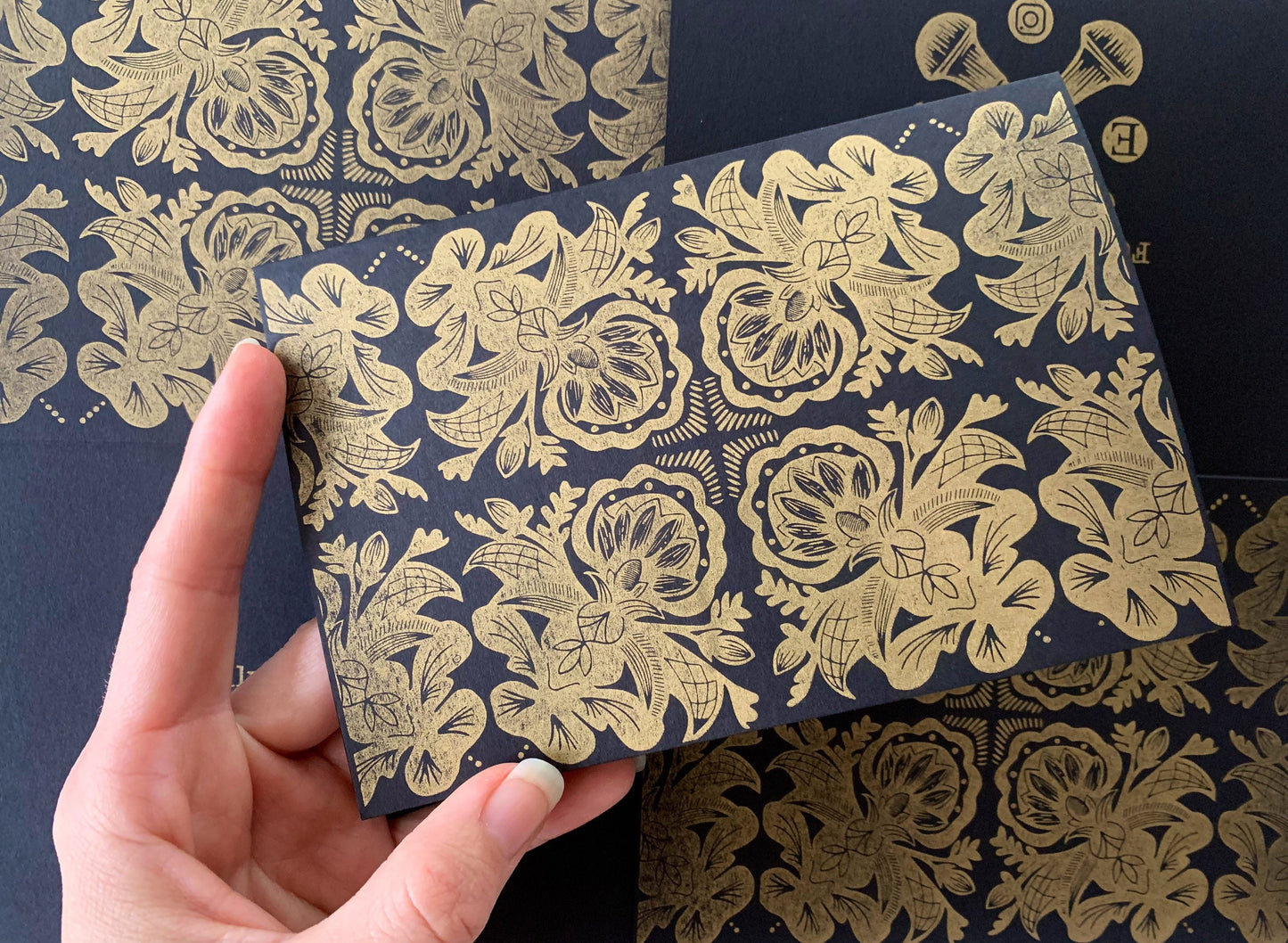 Letterpress Cards - Black and Gold Rosemaling