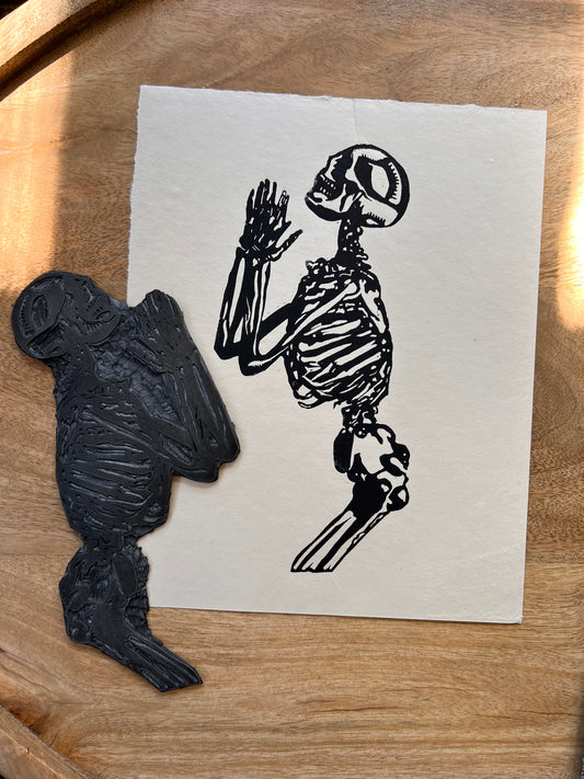 Skeleton in Prayer Linocut I